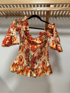 Caroline Constas Orange Multi Smocked Ruffle Crop Top Medium